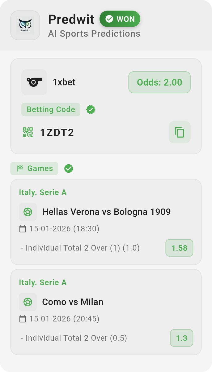 predwit's tweet image. 🏆🎉🎊 BOOM! WE WON! 🎊🎉🏆

💰 2.00 odds bet code for 1xbet just WON via Predwit AI Sports Prediction App! ✅

🎯 Bet code: 1ZDT2
💪 Confidence: Low

🎊 Celebrate this win with us! 🎊

Get more winning predictions → predwit.com