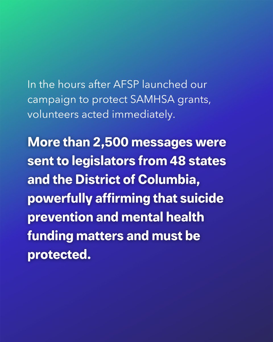 afspnational's tweet image. Last night, the administration announced the reversal of the decision to terminate thousands of SAMHSA grants — a major victory for suicide prevention.

We are deeply grateful to all who stayed informed and took action.

Stay involved: afsp.org/advocate

#AFSPadvocacy