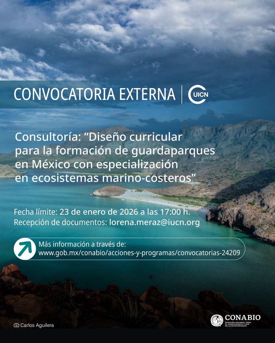 CONABIO's tweet photo. 🌊🌱 Convocatoria para personas morales consultoras
Desde la #CONABIO, en colaboración con la @UICN, invitamos a consultoras a participar en el diseño curricular para la formación de guardaparques en México, con especialización en ecosistemas marino-costeros.
Este esfuerzo se enmarca en el Programa para el Financiamiento Sostenible en Nuevas Áreas Naturales Protegidas (FINANP I), impulsado por los gobiernos de México y Alemania, el cual busca fortalecer las capacidades institucionales para la conservación y gestión efectiva de las ANP clave para el país.
🔹 Buscamos equipos con experiencia en:
• Diseño curricular y formación basada en competencias
• Conservación y manejo de ecosistemas marino-costeros
• Capacitación operativa, gestión de riesgos y trabajo con comunidades
📅 Fecha límite: 23 de enero de 2026, 17:00 h (CDMX)
📩 Consulta los requisitos y envía tu documentación conforme a los Términos de Referencia:
https://t.co/iEryLFsCnH
#CONABIO #Convocatoria #ConsultoríaAmbiental #ÁreasNaturalesProtegidas #Guardaparques #ConservaciónMarina #FINANP