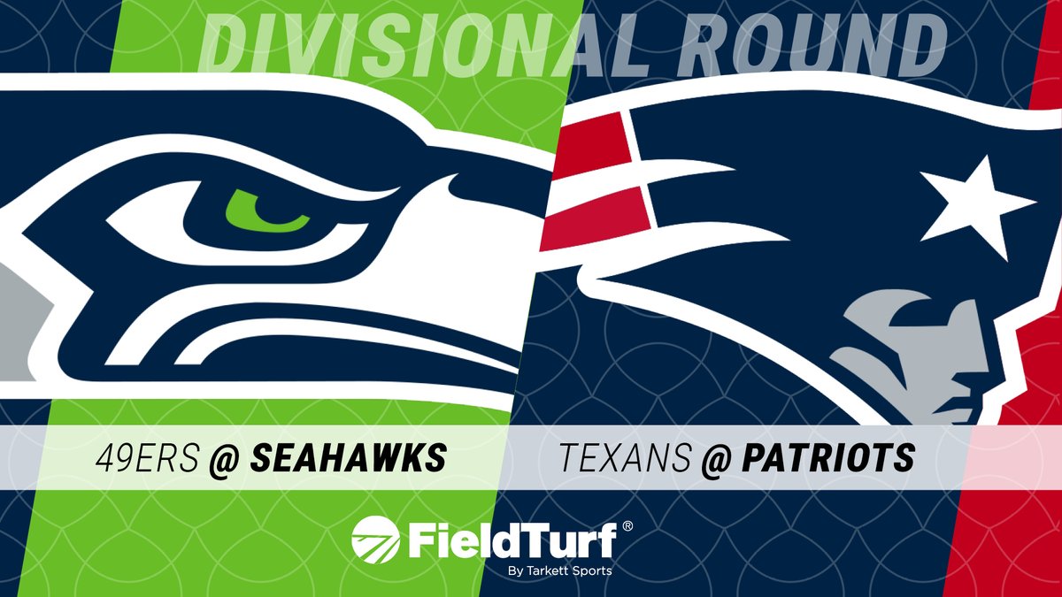 FieldTurf's tweet image. 🏈 The NFL Playoffs continue on @FieldTurf as two Divisional Round matchups will be decided on our #artificialturf this weekend! 🙌 

On Saturday, the NFC-leading @Seahawks return from their bye to face San Francisco at Lumen Field. Sunday will have the @Patriots looking to build