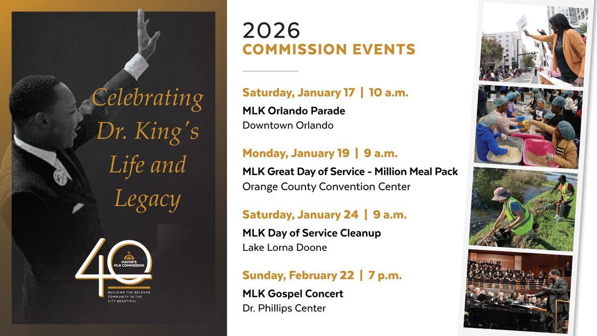 Join us and the Mayor’s MLK Commission for free community events, rooted in Dr. King’s vision of justice and peace while celebrating 40 years of uniting our community in reflection, service and action.

For a full list of events visit orlando.gov/mlk .