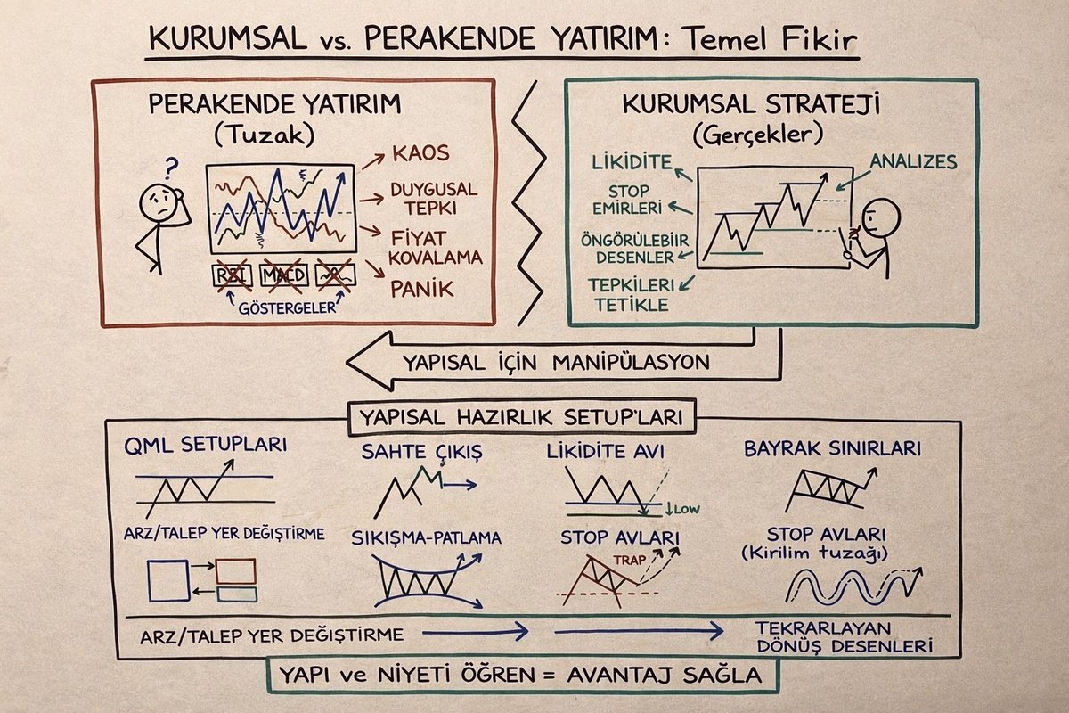 Only_a_Trader's tweet photo. 🚨 BU, ONLARIN EN BÜYÜK SIRRI. AMA ŞİMDİ HER ŞEYİ AÇIKLIYORUM.

Buna kimsenin değinmemesine gerçekten inanamıyorum…

Şimdi sana kurumların kullandığı en güçlü 2 aracı anlatacağım.
Bunu anlarsan, piyasada ilk kez gerçek bir avantaj elde edersin.

Şunu net kavra:
Bu, senin paranı nasıl aldıklarının birebir mekanizması.

Kurumlar senin baktığın grafiklere bakmaz

Sen RSI, MACD izlerken, çizgiler çekip “destek–direnç” ararken…
Onlar likidite haritasına bakar.

Ve buna gün boyu bakarlar.

Herkesin “destek” dediği seviye, onlara göre destek falan değildir.
Orası bir benzin istasyonudur.

Çünkü şunu çok iyi bilirler:

Binlerce bireysel yatırımcı, o çizginin hemen altına stop-loss koymuştur.

Ama şunu anlamıyorsun:

❌ Stop-loss, kurumlar için “koruma” değildir.
✅ Stop-loss = PİYASA EMRİDİR.
•Long’daysan stopun satış emridir
•Short’taysan stopun alış emridir

Kurumlar büyük pozisyon açmak ister.
Ama piyasada o kadar karşı emir yoktur.

Tek tıkla alım yapamazlar.
Yapsalar, slippage girişlerini mahveder.

O yüzden ne yaparlar?

👉 Likiditeyi kendileri üretirler.

Likidite Avı (Liquidity Grab) Nasıl Çalışır?

Buna “temizlik” (purge) denir.
1.Fiyat, desteğin biraz altına itilir
2.Retail stopları patlar → yığınla satış emri
3.“Kırılım oldu” diyenler short açar → daha fazla satış

Ve tam o anda…

💰 HEPSİNİ SATIN ALIRLAR.

Panikle satılan her şeyi, açılan her short’u tek tek emerler.

Torba dolunca satış baskısı biter.
Ve fiyat sert şekilde yukarı fırlar.

Sen en dipten stop olursun.
Onlar kusursuz giriş yapar.

Bu şans değil.
Bu matematik, mekanik ve sistemdir.

Onların likiditeye ihtiyacı vardır.
Likiditeyi sen sağlarsın.

Peki Kazanan Tarafta Nasıl Olursun?

Çizgi çizmeyi bırak.
Emirleri izlemeye başla.

1️⃣ Gösterge: Fixed Range Volume Profile (FRVP)

Destek tahmin etmeyi bırak.

FRVP ile gerçek hacmin nerede el değiştirdiğini görürsün.

Eğer hacim profilinde boşluk varsa, fiyat o bölgeden mermi gibi geçer.

2️⃣ Araç: Likidasyon Isı Haritaları
•Coinglass (ücretsiz)
•Bookmap

Bu araçlar, yüksek kaldıraçlı işlemlerin biriktiği yerleri sarı bantlar ile gösterir.

⚠️ Önemli kural:
•Direncin üzerinde parlak sarı bant görüyorsan
•SAKIN SHORT AÇMA

Fiyat oraya gelsin.
Stoplar patlasın.
Likidasyonlar çalışsın.

Sonra dönüşü bekle.

3️⃣ Strateji: Sweep & Reclaim

Kırılımda asla girme.

Önce:
•Likidite süpürülsün
•Stoplar alınsın

Sonra:
•Fiyat eski aralığı geri alsın

🎯 İşte giriş sinyalin bu.

Bunu kaydet.
Üzerine çalış.

Tahmin etmeyi bırakıp kurumsal ayak izlerini takip ettiğin an,
perakendenin %99’unu arkanda bırakırsın.

“Bunu Nereden Biliyorsun?” dersen…

Çünkü bu oyunun içindeyim.
20 yılı aşkın süredir.

Son 10 yıldaki her büyük tepeyi ve dibi zamanında işaretledim.

Bir sonraki hamlemi görmek istiyorsan (çok yakında),
bildirimleri açarak beni takip et.

Takip etmeyenler mi?

Onlar zaten her zaman sonradan pişman olanlar oluyor.