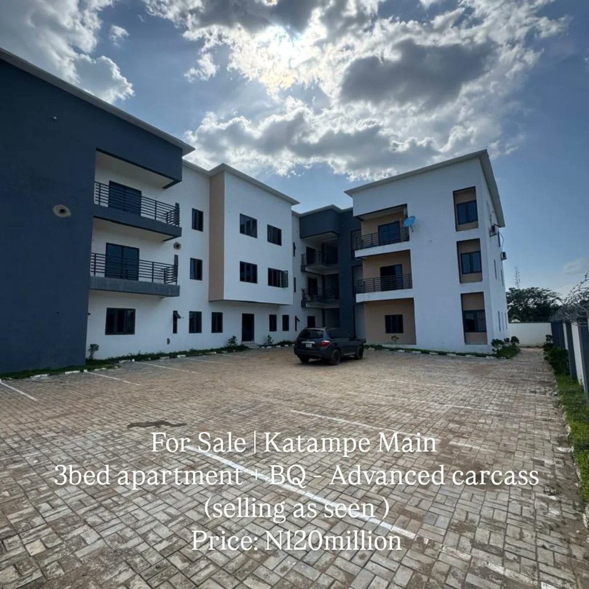 For Sale | Katampe Main

3 Bedroom Advanced Carcass Apartment with BQ located on the ground floor. Selling as seen

Price: ₦120,000,000

📞 Enquiries &amp; viewing: +2347064337943