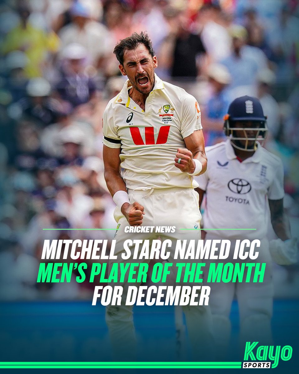 kayosports's tweet image. STARCY! 🙌 

Mitchell Starc has been named ICC Men’s Player of the Month for December 2025 after his dominant Ashes showing 👏

#cricket #ashes #starc