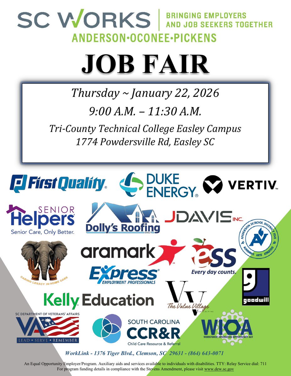 Job Fair Thursday 1/22 in Easley at Tri-County Technical College offered by SC Works WorkLink!