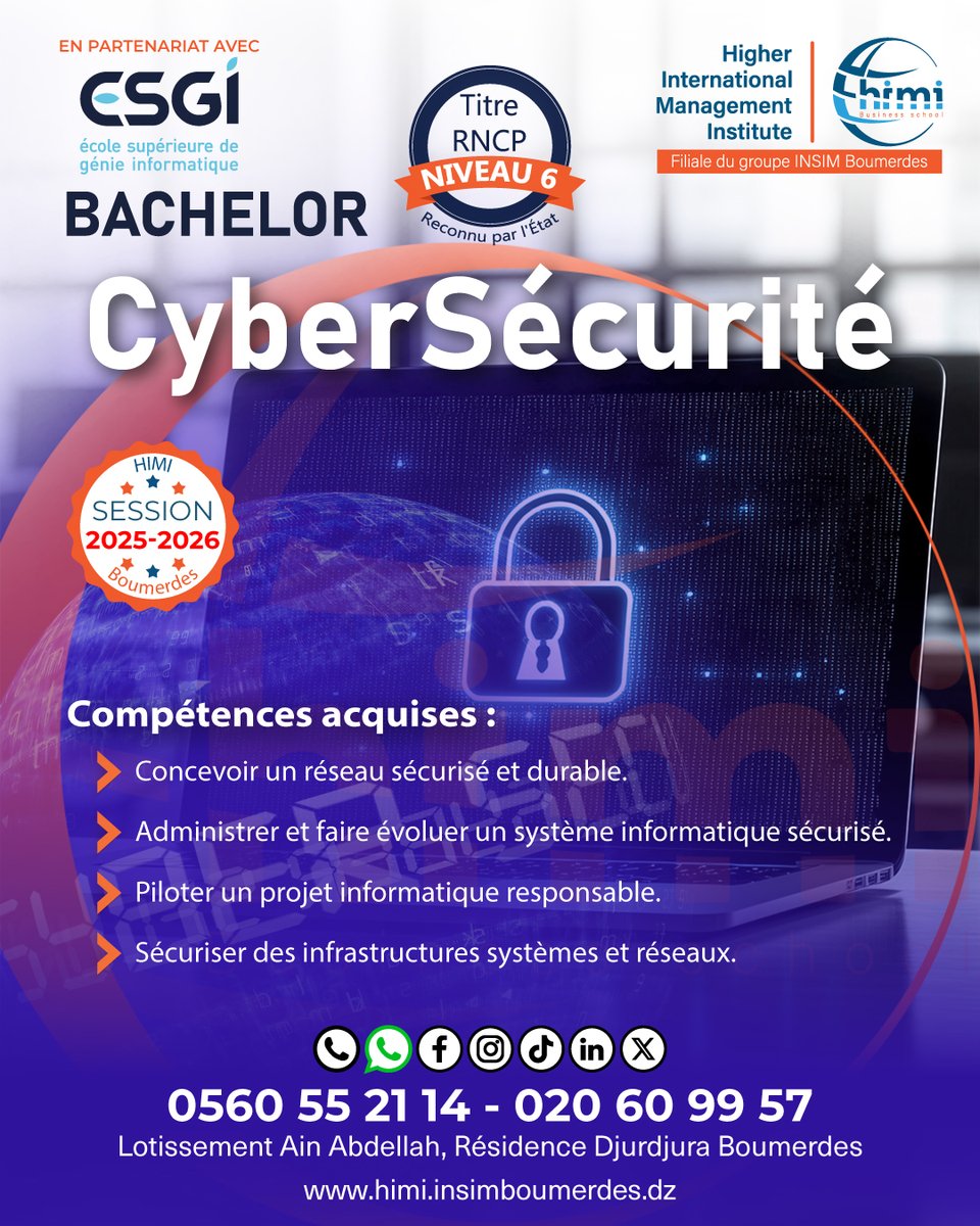 HIMIBoumerdes's tweet photo. 📢Bachelor CyberSécurité
Développez vos compétences en sécurité informatique, protection des systèmes et des réseaux pour bâtir un avenir professionnel prometteur !
Formation complète + 2 mois de stage pratique en entreprise.
📞 Infos &amp; Inscriptions : 0560 55 21 14 / 020 60 99 57 https://t.co/z0tntTAVar