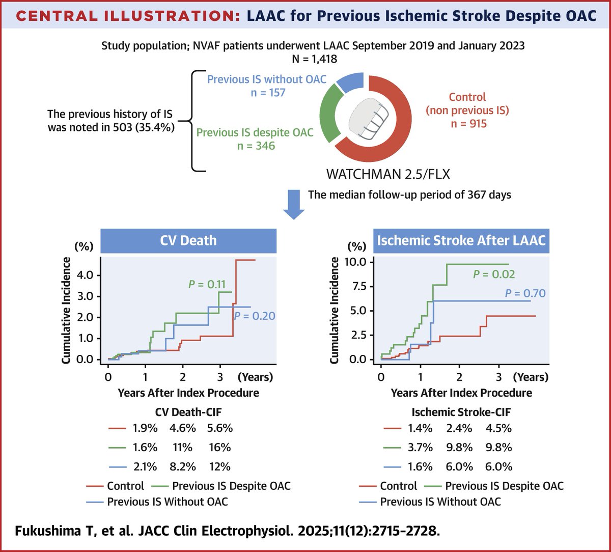 JACCJournals's tweet photo. The study from the OCEAN-LAAC registry shows that the group of patients who had previous ischemic stroke (IS) despite OAC did not differ in CV death but were at higher risk of IS even after LAAC. https://t.co/zKzztulENG

#JACCCEP #AFib @MasatoF0728 https://t.co/cDt6UPzxz5