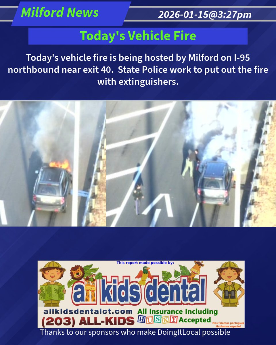 DoingItLocalcom's tweet photo. Today's Vehicle Fire
Today's vehicle fire is being hosted by Milford on I-95 northbound near exit 40. State Police work to put out the fire with extinguishers.
2026-01-15@3:27pm-- #Milford CT #cttraffic https://t.co/Ep78NEBynK
