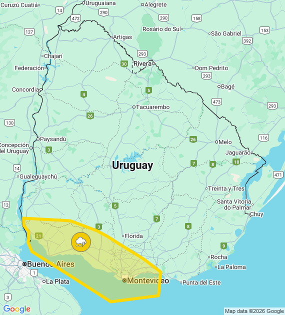 Advertencia meteorológica amarilla por Tormentas puntualmente fuertes y lluvias abundantes
Se actualizará a las 19:45 o ante cambios significativos

Más info: inumet.gub.uy