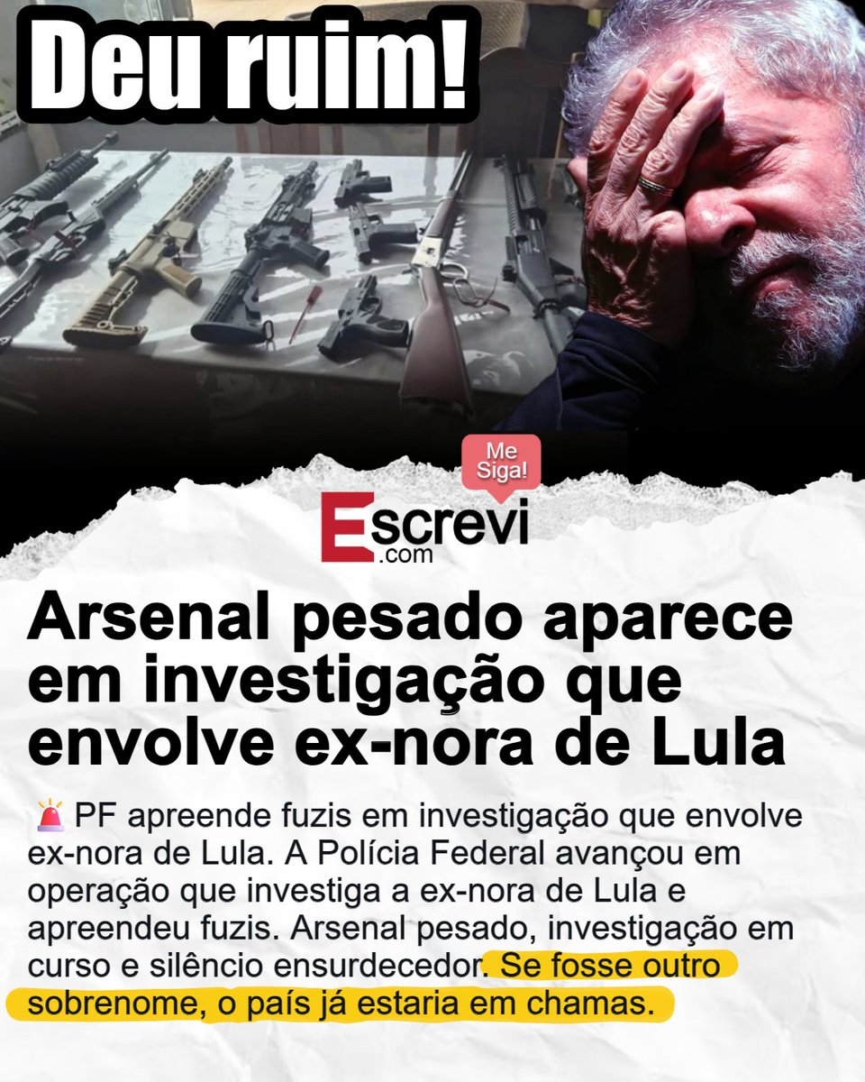 🚨PF apreende fuzis em investigação que envolve ex-nora de Lula. A Polícia Federal avançou em operação que investiga a ex-nora de Lula e apreendeu fuzis. Arsenal pesado, investigação em curso e silêncio ensurdecedor. Se fosse outro sobrenome, o país já estaria em chamas.