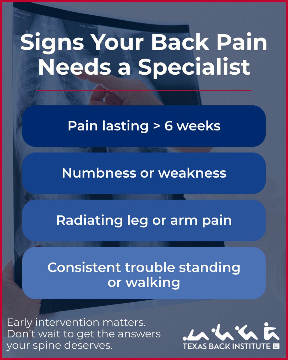 Back pain has a way of  creeping into everything—how you move, how you sleep, how you feel by  the end of the day. Knowing when it’s time to bring in a specialist can  make all the difference. This is a reminder from our friends at  Texas Back Institute on what not to ignore.