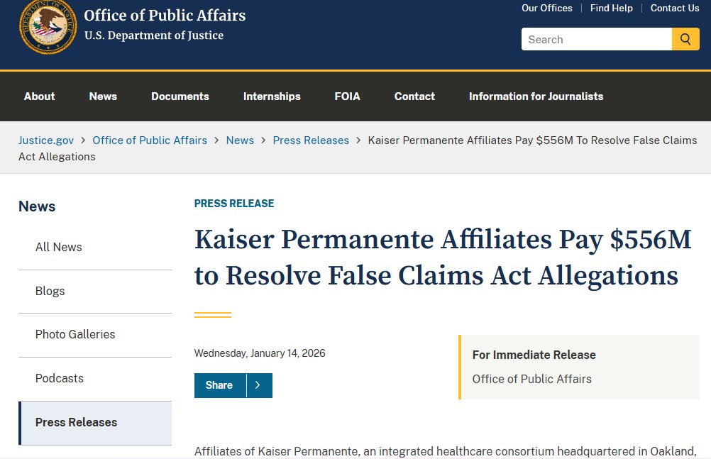 BorisSpider14's tweet image. Kaiser Permanent just paid $550+ million to settle fraudulent billing accusations. Three qui tam whistleblowers are splitting $95 million. 

This claim involved aggressive "upcoding," the practicing of billing for a procedure that is more expensive than the specific procedure…