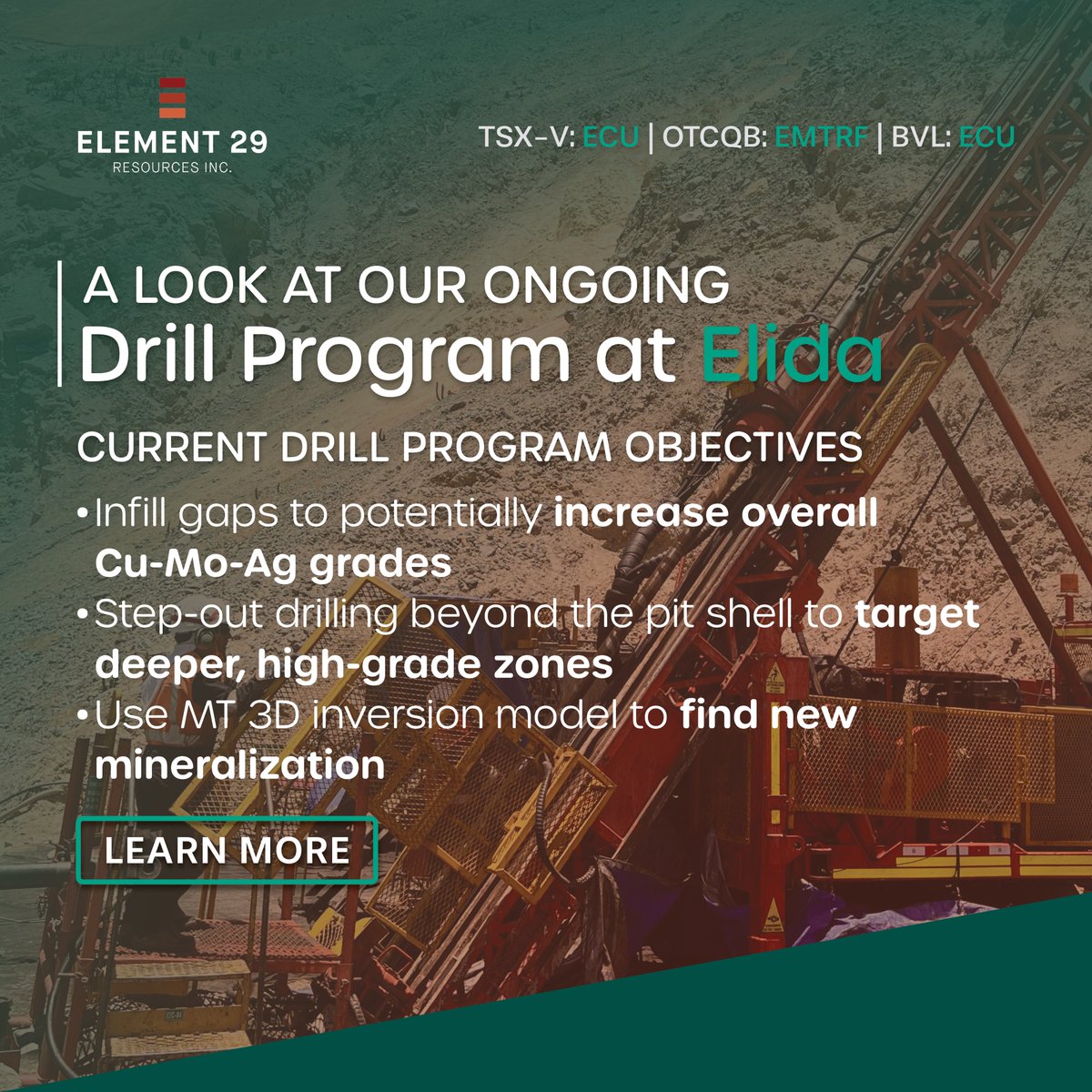 Elida's Current Drill Program Objectives

Element 29's active drill program at Elida, a large Cu-Mo-Ag system in central Peru, is focused on expanding the upgrading the project's resource potential. 

Building on the strong 2024 results, the 2025 program is aiming to:
• Infill