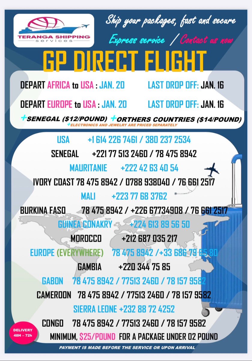 Vos colis 📦, nous les livrons
Contactez-nous dès maintenant

#US #senegal #nouakchott #conakry🇬🇳 #mauritanian #gambian_tiktok🇬🇲🇬🇲 #burkina_faso #rdc #cameroon #cotedivoire #canada #sierraleone🇸🇱 #gabon #maroc2025 #diomaye #sonko #FIFAWorldCup 
#Taggat #TotalEnergiesAFCON2025