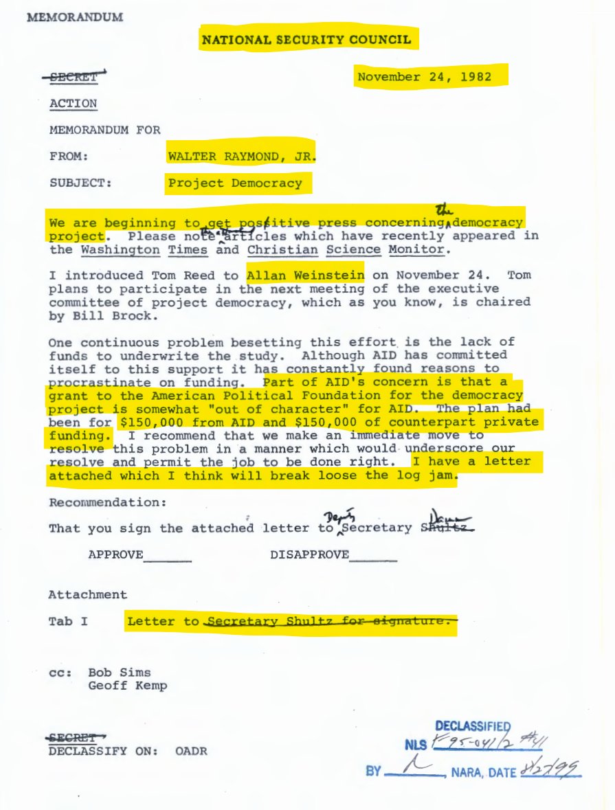 Here's the letter from CIA Director Bill Casey, on page 90 of the the 125 declassified pages around NED's creation. The letter's undated but appears right after the Nov 1982 letter from Casey's right-hand man, CIA propaganda specialist Walter Raymond Jr: 
reaganlibrary.gov/public/2021-01…