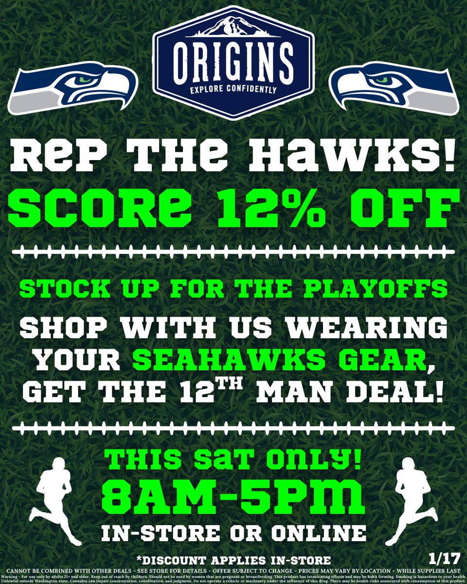 Rep the Hawks 🏈💙💚
Get 12% off this Saturday when you show your Seahawks gear.
Let’s gooooo. #GoHawks
