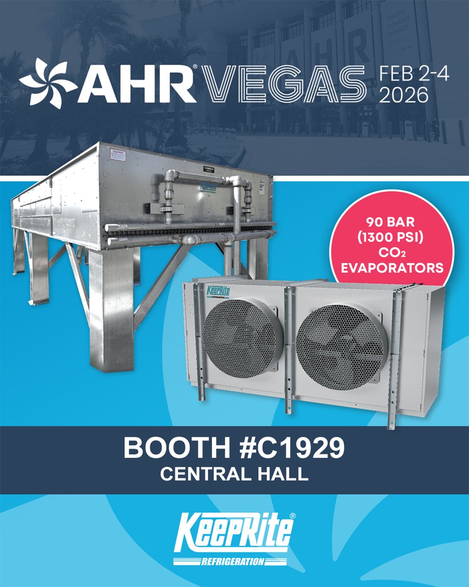 KeepriteRefrig's tweet photo. We're heading to the AHR Expo! Visit us at booth #C1929!
KeepRite Refrigeration will be showcasing our KGL Large Gas Cooler and sharing insights on our 90 Bar (1300 PSI) CO₂ Evaporators.
We’re excited to meet you there!
https://t.co/xyFKFiSvZ1
#AHRExpo #AHRExpo2026 #AHR2026 https://t.co/uyJOz6kYHZ