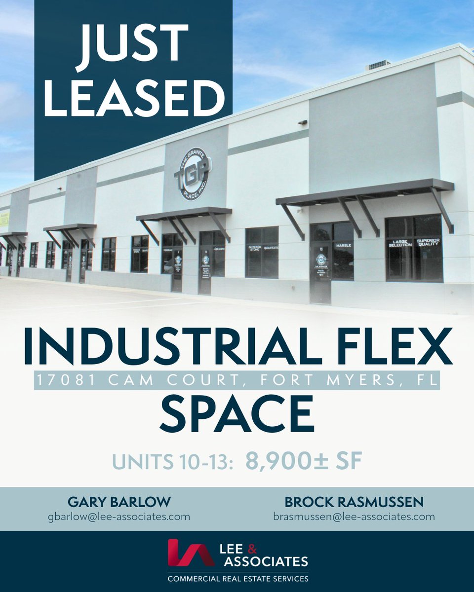 Industrial flex space at Alico Commerce Center in Fort Myers FL has leased. The property features 20' clear height, 12' x 14' drive-in doors, and 3-phase power, with a central location near I-75, US-41, and Three Oaks Pkwy.
Congratulations to <a href="/GaryBarlowCRE/">Gary Barlow</a>  and Brock Rasmussen