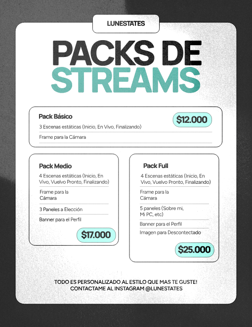 lunestates's tweet photo. PACKS DE STREAMS!

Buscas que tu stream se vea clean y personalizado?
Yo me encargo!

#twitch #twitchargentina https://t.co/LZIwjZ6eKa