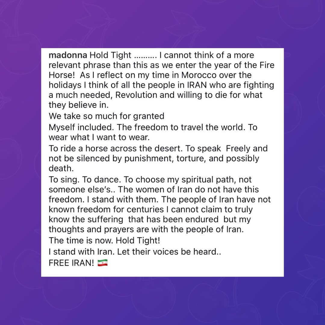 PopBase's tweet image. Madonna shares post calling for the people of Iran to be freed:

“[…] I think of all the people in IRAN who are fighting a much needed, Revolution and willing to die for what they believe in. We take so much for granted Myself included. […] The women of Iran do not have this…