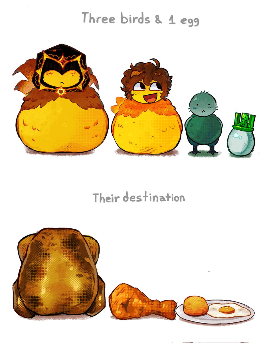 telamonrighttoe's tweet image. Just 3 little birds and 1 egg being cooked