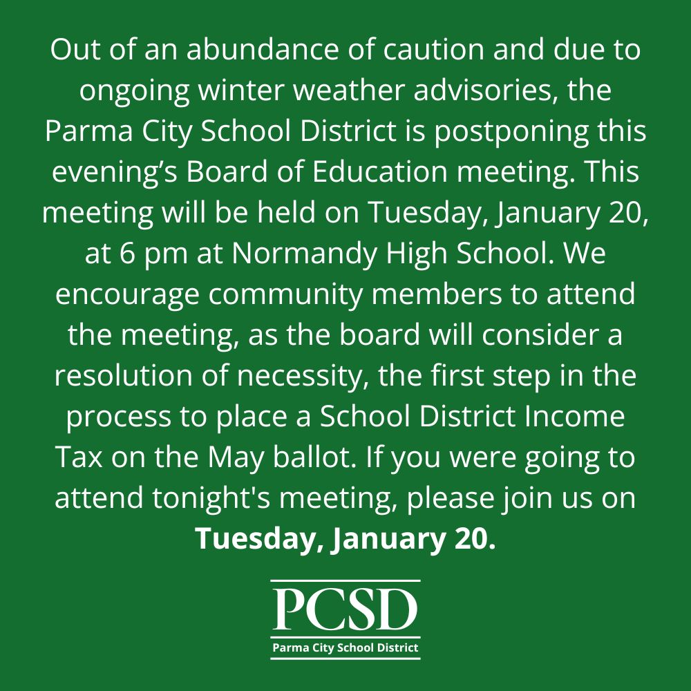 📣  Tonight's Board of Education meeting rescheduled to Tuesday, January 20.