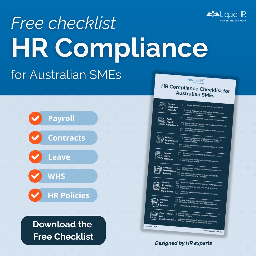 Liquidhr's tweet photo. Is your HR setup compliant?

Our free HR Compliance Checklist for Australian SMEs helps you review payroll, contracts, leave, WHS and HR policies and spot potential gaps early.

📄 Download the free checklist
👉 https://t.co/0jm2CMDVdS

#HRCompliance #AustralianSMEs https://t.co/M2rGvR1rCz
