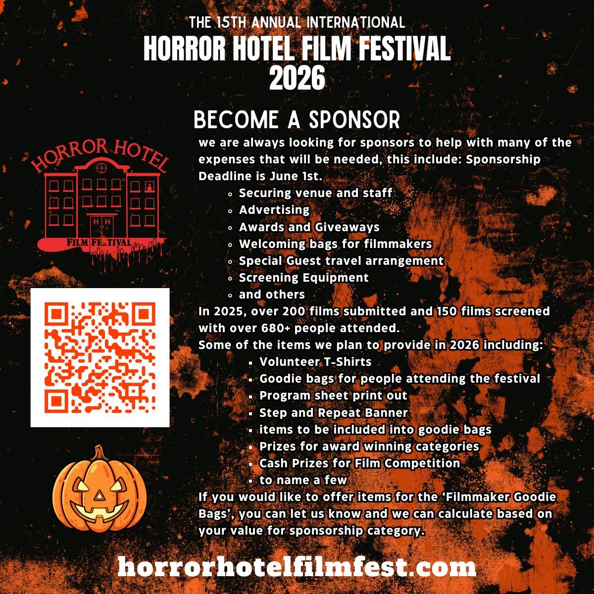 Supporting the Horror Hotel Film Festival as a sponsor is a unique opportunity to connect with creative filmmakers, reach a passionate audience, and showcase your brand’s commitment to building the independent horror film community.

Sign Up Here:
forms.gle/nZhtfBDMSrKXVQ…