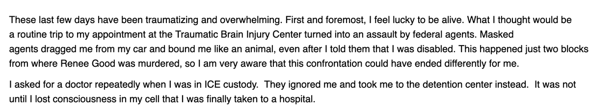 EricMGarcia's tweet image. The woman who said she was autistic as ICE dragged out of her car is named Aliya Rahman via this statement: 

"Masked agents dragged me from my car and bound me like an animal, even after I told them that I was disabled." It happened two blocks from where Renee Good was murdered.