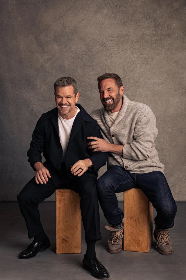 damonlibrary's tweet image. Matt Damon and Ben Affleck photoshoot for their upcoming movie 'THE RIP'. Tomorrow on Netflix.