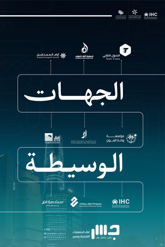 💫 | الجهات الوسيطة في جسر

إثراء أفق الابتكار
🔗 | whatsapp.com/channel/0029Vb…

<a href="/SCY_SA/">المجلس التخصصي للجمعيات الشبابية</a> 
<a href="/altqniah/">التحول التقني | TTS</a> 
<a href="/OfuqOrg/">جمعية أفق للتطوير</a> 
<a href="/Aram_edy/">آرام المستقبل</a> 
<a href="/Waht_aloun/">واحة العون</a> 
<a href="/innovsoledu/">مجموعة حلول مبتكرة - Innovative Solutions Group</a> 
<a href="/e3di_co/">استدامة أثر</a>