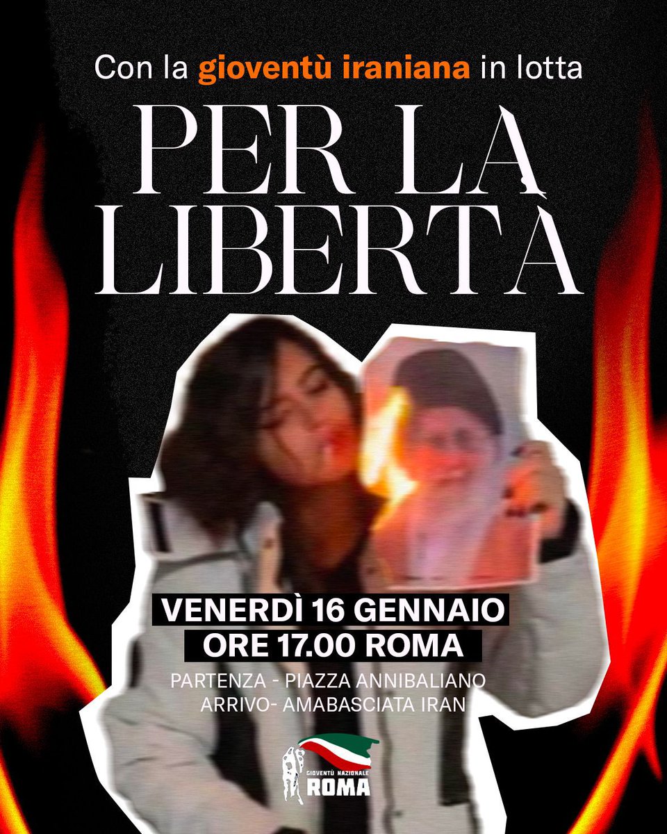 "Buonasera a tutti, con i ragazzi di Gioventù Nazionale abbiamo organizzato per domani pomeriggio un corteo a sostegno dei ragazzi iraniani che si stanno ribellando al regime di Khamenei. L'appuntamento è per domani alle 17 a piazza annibaliano per arrivare insieme davanti