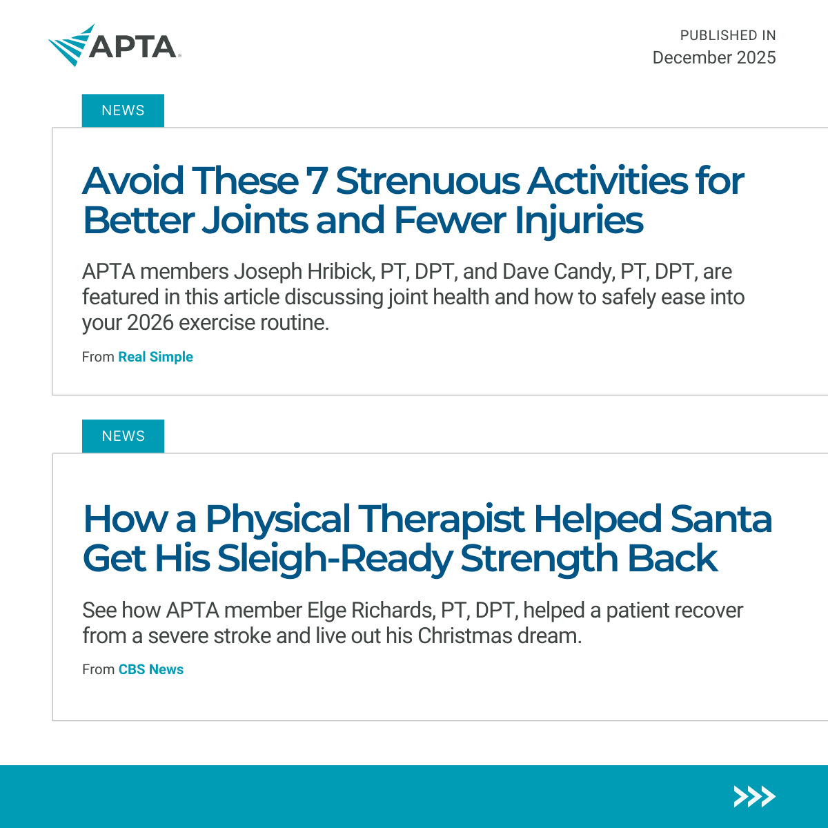 APTA_official's tweet image. Physical therapy is in the spotlight! ⭐ 

From major news outlets to top health and lifestyle media, APTA members are driving the conversation on movement, aging, and injury prevention. 📣 #ChoosePT

📰 Catch the latest headlines: apta.org/article/2026/0…