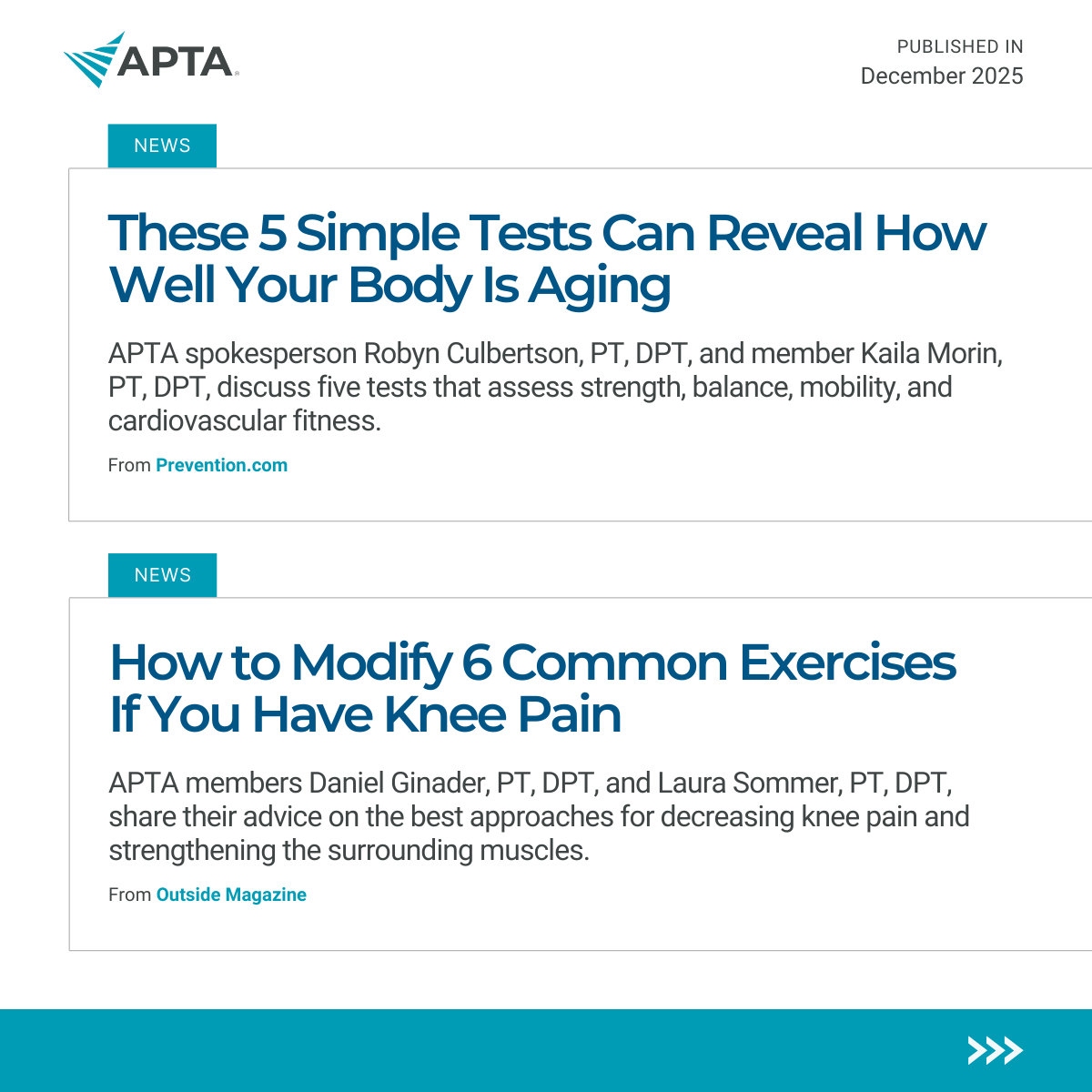 APTA_official's tweet image. Physical therapy is in the spotlight! ⭐ 

From major news outlets to top health and lifestyle media, APTA members are driving the conversation on movement, aging, and injury prevention. 📣 #ChoosePT

📰 Catch the latest headlines: apta.org/article/2026/0…