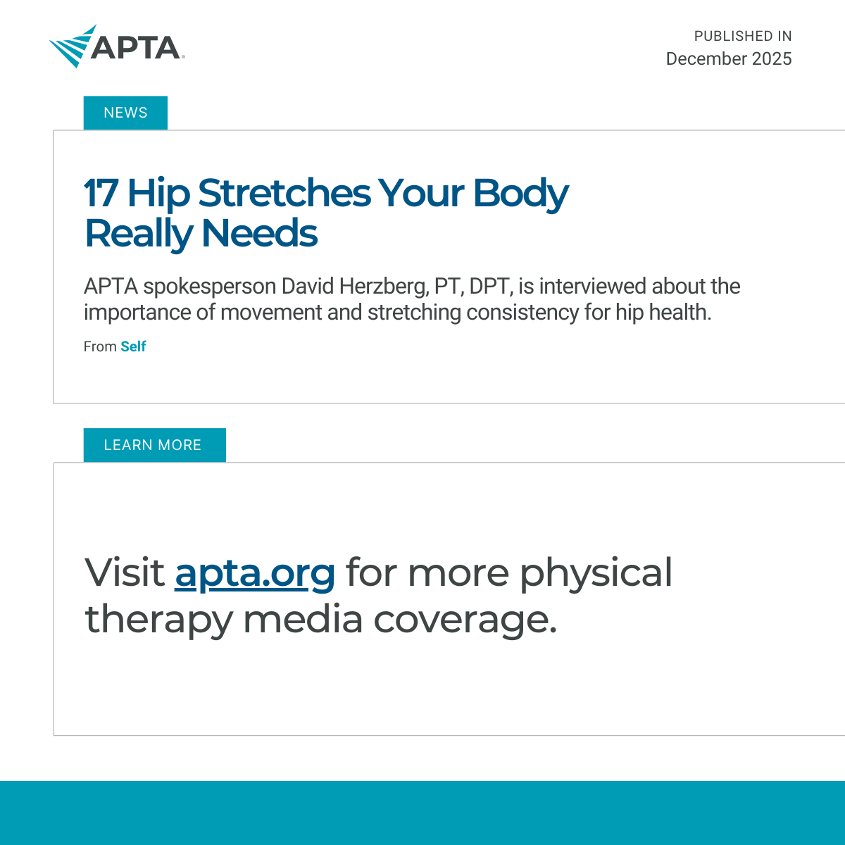 APTA_official's tweet image. Physical therapy is in the spotlight! ⭐ 

From major news outlets to top health and lifestyle media, APTA members are driving the conversation on movement, aging, and injury prevention. 📣 #ChoosePT

📰 Catch the latest headlines: apta.org/article/2026/0…
