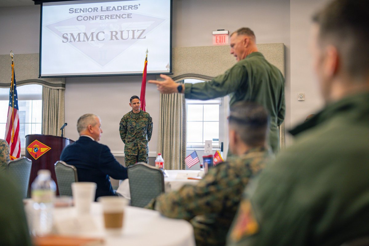 USMCSgtMaj's tweet image. Yesterday I participated in @2nd_MAW’s 2026 Senior Leaders’ Conference. Great opportunity to speak with 2nd MAW staff about how teaching #Marines where #standards come from helps them understand what “right” looks like, and more importantly, why it matters. #USMC #Leadership