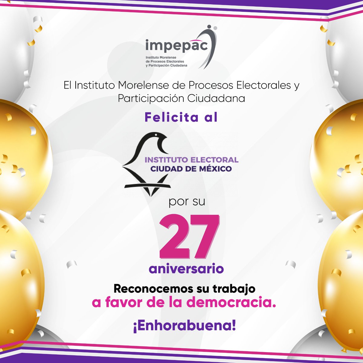 Como consejera presidenta del @Impepac, felicito al <a href="/iecm/">IECM</a> por su 27 aniversario. Reconozco su trabajo constante a favor de la democracia y de una participación ciudadana cada vez más sólida.

¡Enhorabuena!