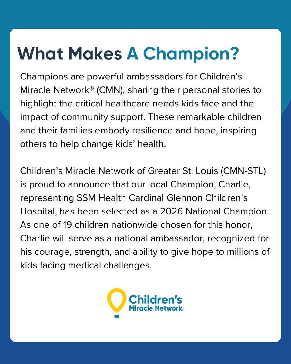 CMNstl's tweet photo. BIG NEWS! 🎉

Charlie, our local Champion from @cardinalglennon, has been named a 2026 @CMN_HQ National Champion!

Help us congratulate him as he shares his story to inspire hope for kids across the country. https://t.co/g0KMdzxC0x