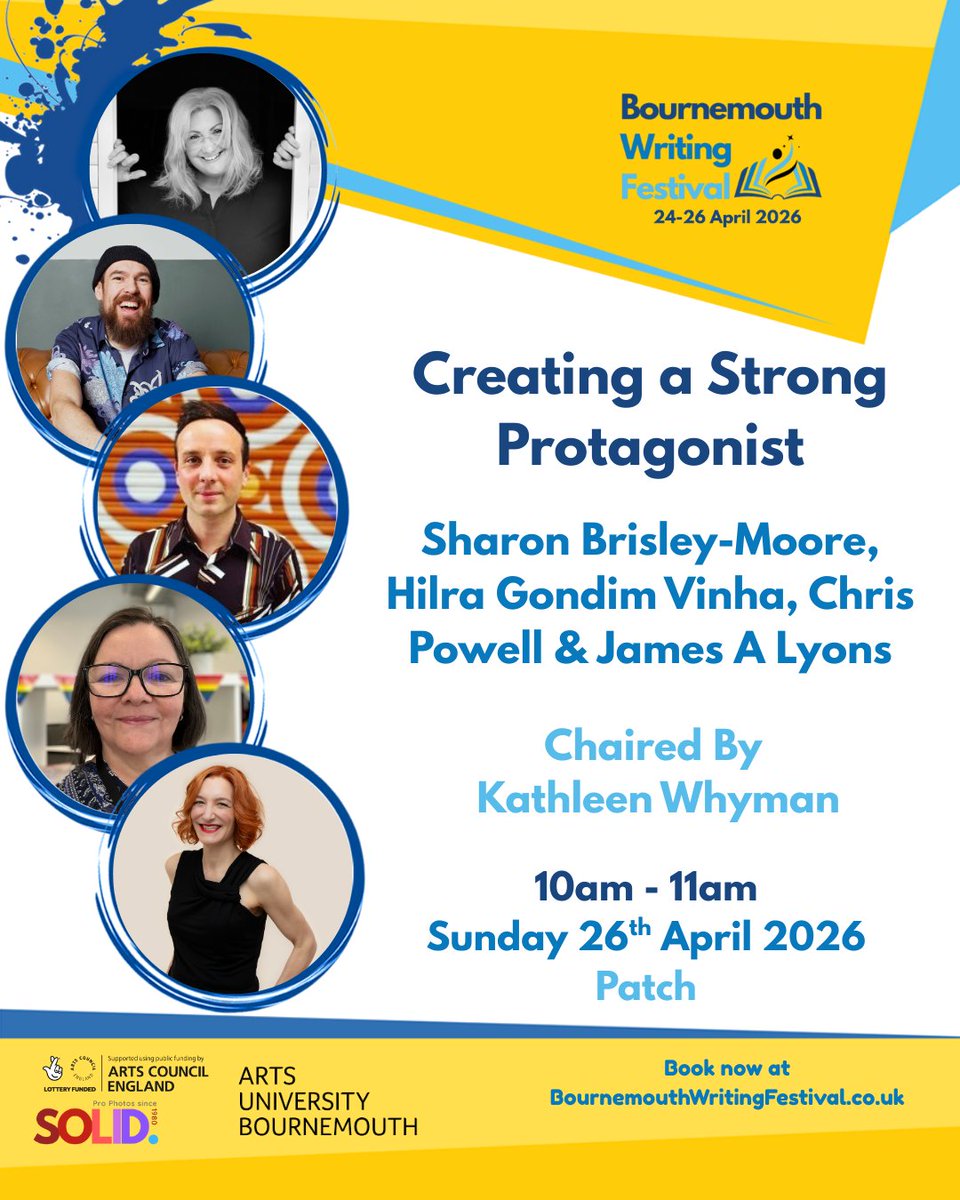 JALwrites's tweet image. Come join us in Bournemouth on 26th April to hear our thoughts on creating a strong protagonist.
BWF is a multi-day festival with heaps of free and paid talks, workshops, agent 1-2-1 sessions and more. 

Check out the full programme at bournemouthwritingfestival.co.uk