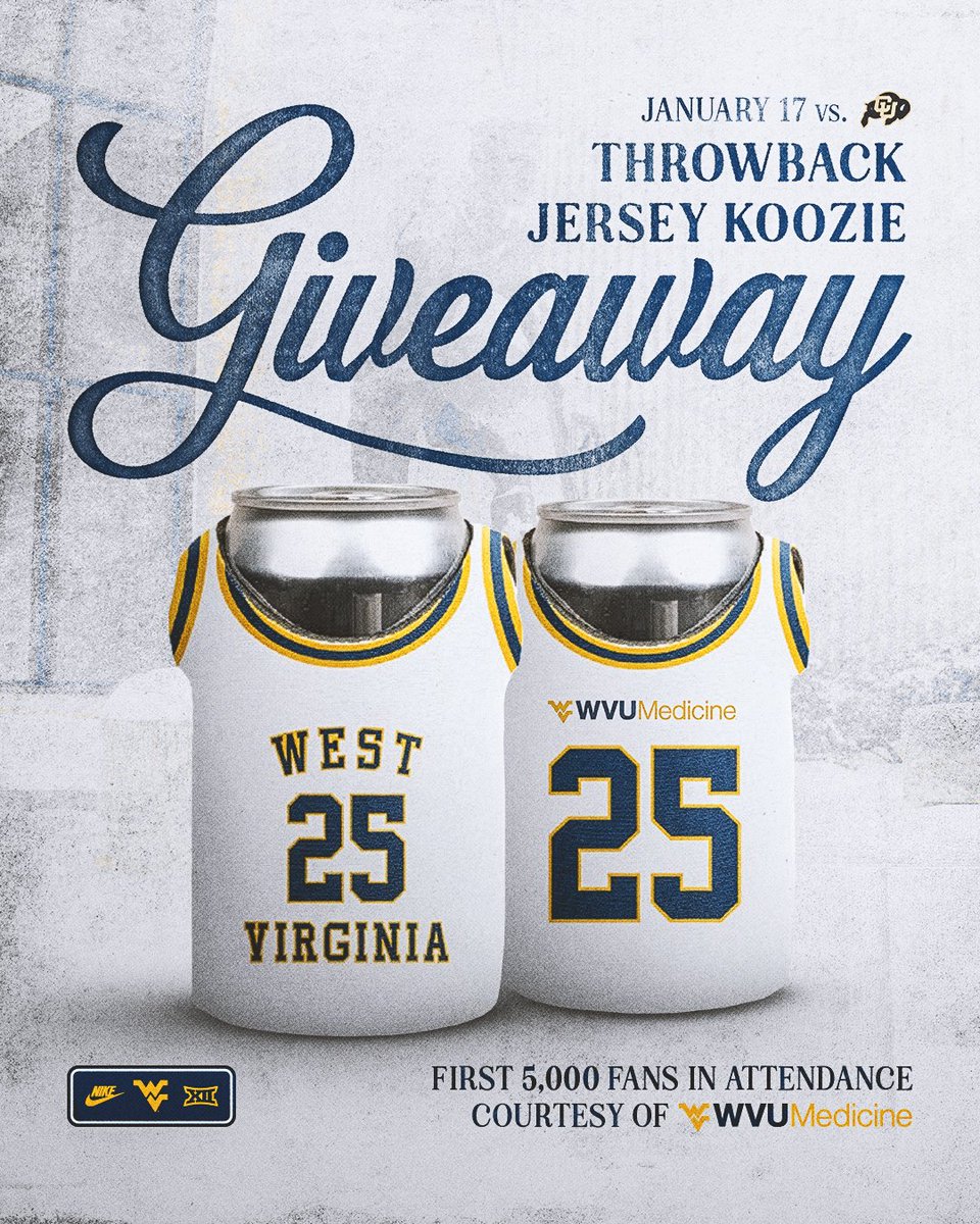 WVUhoops's tweet photo. 🚨 SATURDAY GIVEAWAY 🚨

Throwback jersey koozies for the first 5,000 fans, courtesy of WVU Medicine 🥤

🎟️ https://t.co/JhqODohZ6C https://t.co/V3Hjm7bPJv