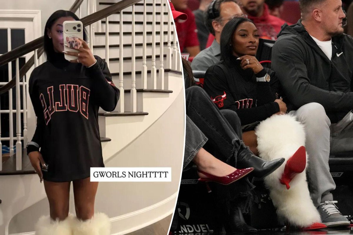 PageSix's tweet image. Simone Biles pairs $650 furry Ugg heels with an Hermès Kelly bag for Chicago Bulls game pagesix.com/2026/01/15/sty…