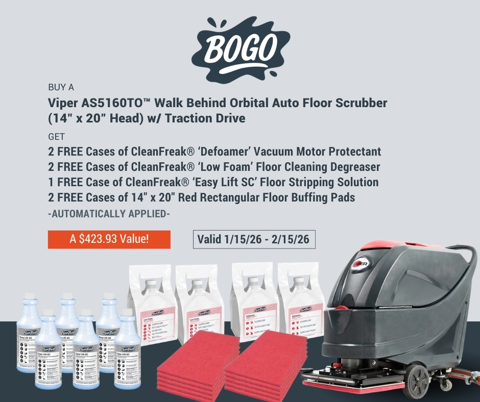 💥 𝐅𝐢𝐫𝐬𝐭 𝐁𝐎𝐆𝐎 𝐃𝐞𝐚𝐥 𝐨𝐟 𝐭𝐡𝐞 𝐘𝐞𝐚𝐫!

Buy the Viper AS5160TO™ Orbital Auto Scrubber and get $400+ in FREE chemicals &amp; pads — automatically.

✔️ Defoamer
✔️ Degreaser
✔️ Floor Stripper
✔️ Red Pads

📅 1/15–2/15

Shop BOGO: bit.ly/4jI9ixX