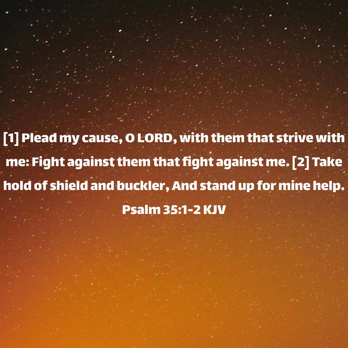 Psalm 35:1-2 KJV
[1] Plead my cause, O LORD, with them that strive with me: Fight against them that fight against me. [2] Take hold of shield and buckler, And stand up for mine help.

bible.com/bible/1/psa.35…