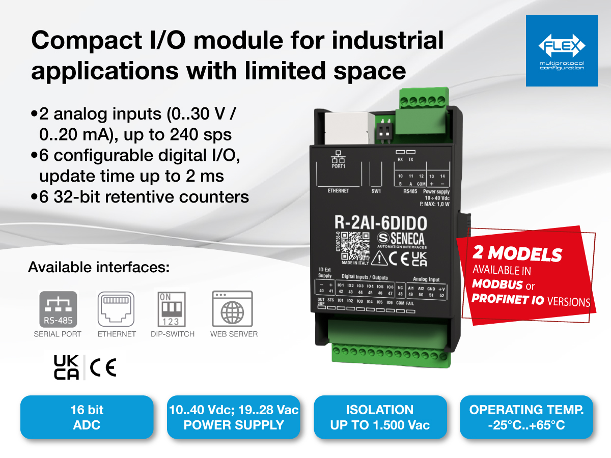 SENECAutomation's tweet photo. 🔧 R-2AI-6DIDO | Serie R. 
Modulo I/O compatto con 2 AI ad alta risoluzione e 6 I/O digitali configurabili. Ethernet integrata, comunicazione Modbus o PROFINET IO. Ideale per quadri elettrici con spazio ridotto. 
Scopri tutti i dettagli: https://t.co/CgXeF8zJaM https://t.co/vMbV4Yrdft