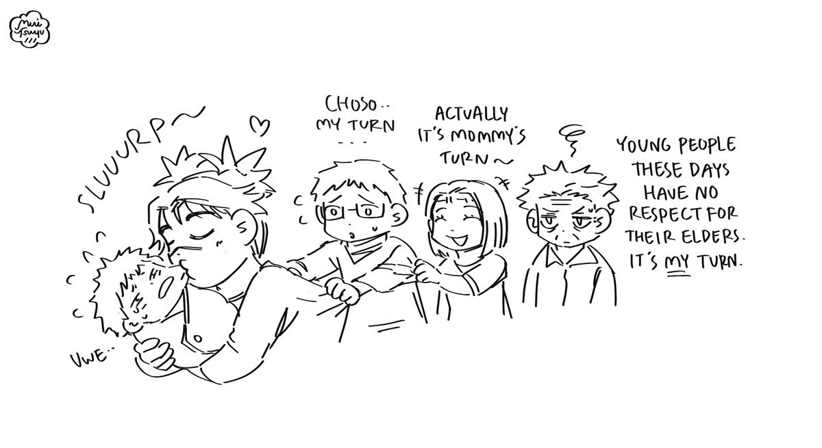 muitsuyu's tweet image. The queue to smooch baby yuji's mochi cheeks... 👧👨‍🦰👩‍🦰🧓

#jjk #jujutsukaisen