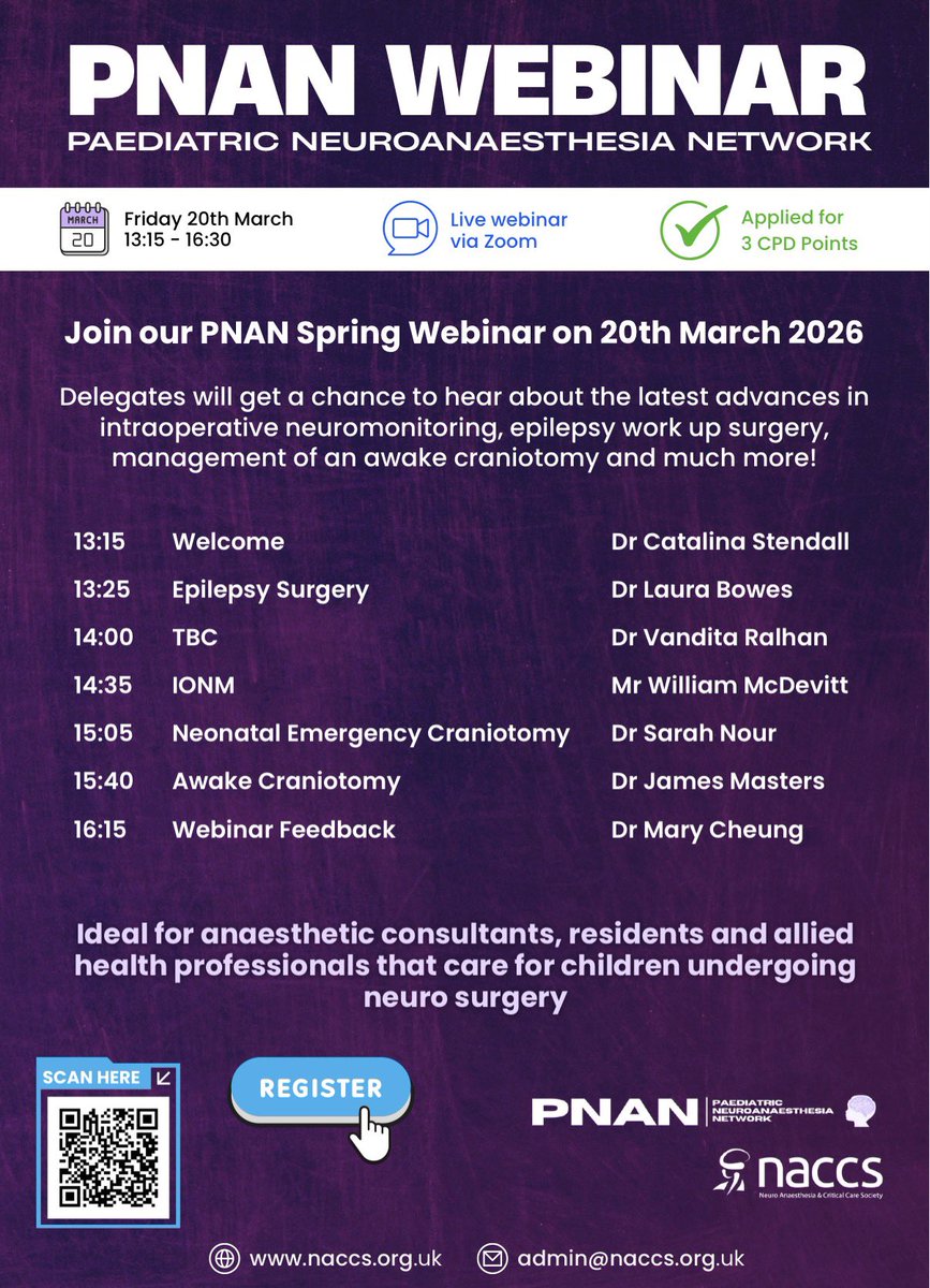 APAGBI's tweet photo. 📢 PNAN Spring Webinar – 20 March 2026
Join us for an afternoon of paediatric neuroanaesthesia education, including epilepsy surgery, IONM, neonatal emergency craniotomy &amp; awake craniotomy.
🕐 13:15–16:30 | 💻 Live on Zoom | 🎓 3 CPD points 
#PaedsAnaes #NeuroAnaes #PNAN #CPD https://t.co/Vw9LrRF7Ih