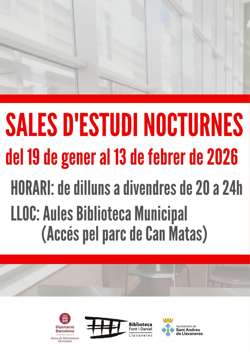 bstandreulla's tweet photo. Sales d’estudi nocturnes Gener-Febrer 2026📚
La #BiblioFontiDaniel reobre les sales d'estudi nocturnes. El servei s'ofereix de dilluns a divendres des del 19 de gener al 13 de febrer 2026, en horari de 20 a 24 hores, a la sala d'actes i a les dues sales annexes https://t.co/gd8sGEDqXP