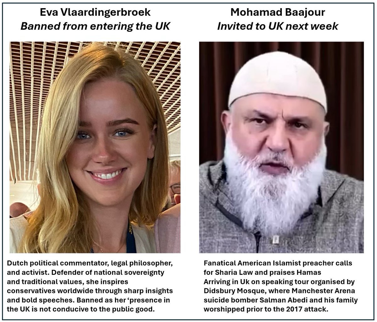 Ella es una comunicadora holandesa conservadora convertida al catolicismo.
Él es un fanático islamista que predica la sharía y hace apología del terrorismo de Hamás y de la destrucción de Israel.
Adivinen a quién le han prohibida la entrada al Reino Unido y quien ha sido invitado