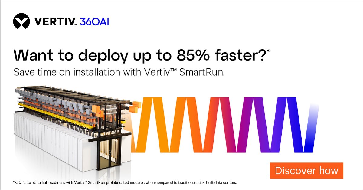 Vertiv's tweet photo. Vertiv™ SmartRun is a pre-engineered IT infrastructure system designed for colocation environments. Discover Vertiv™ SmartRun and how it simplifies infrastructure for rapid growth: https://t.co/2TpV61SjOL
#ITInfrastructure #Colocation #ITEnvironments #AIDataCenter https://t.co/JkRWSxoj0E