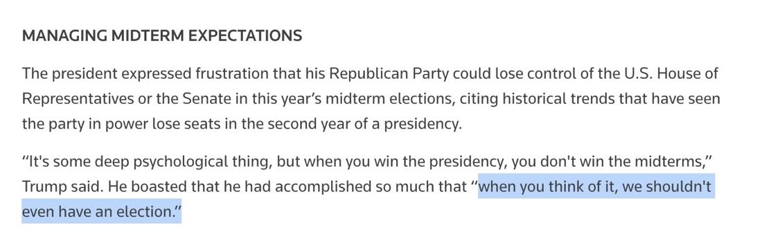 ‼️ TRUMP TO REUTERS: “When you think of it we shouldn’t even have an election.”

He just can’t help saying the quiet part out loud. 

Read: reuters.com/world/us/five-…